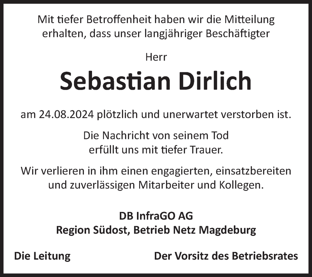  Traueranzeige für Sebastian Dirlich vom 07.09.2024 aus Volksstimme Halberstadt