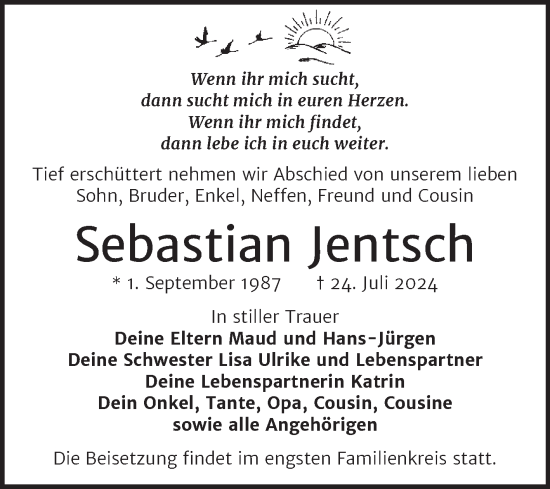 Traueranzeige von Sebastian Jentsch von Trauerkombi Zeitz