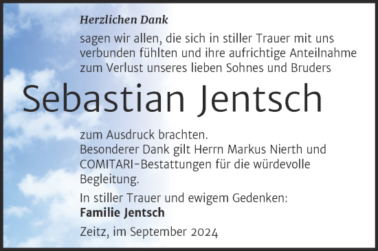 Traueranzeige von Sebastian Jentsch von Trauerkombi Zeitz
