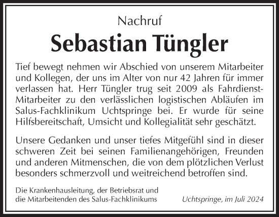 Traueranzeige von Sebastian Tüngler von Volksstimme Altmark Ost