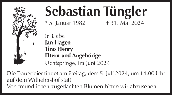 Traueranzeige von Sebastian Tüngler von Volksstimme Altmark Ost
