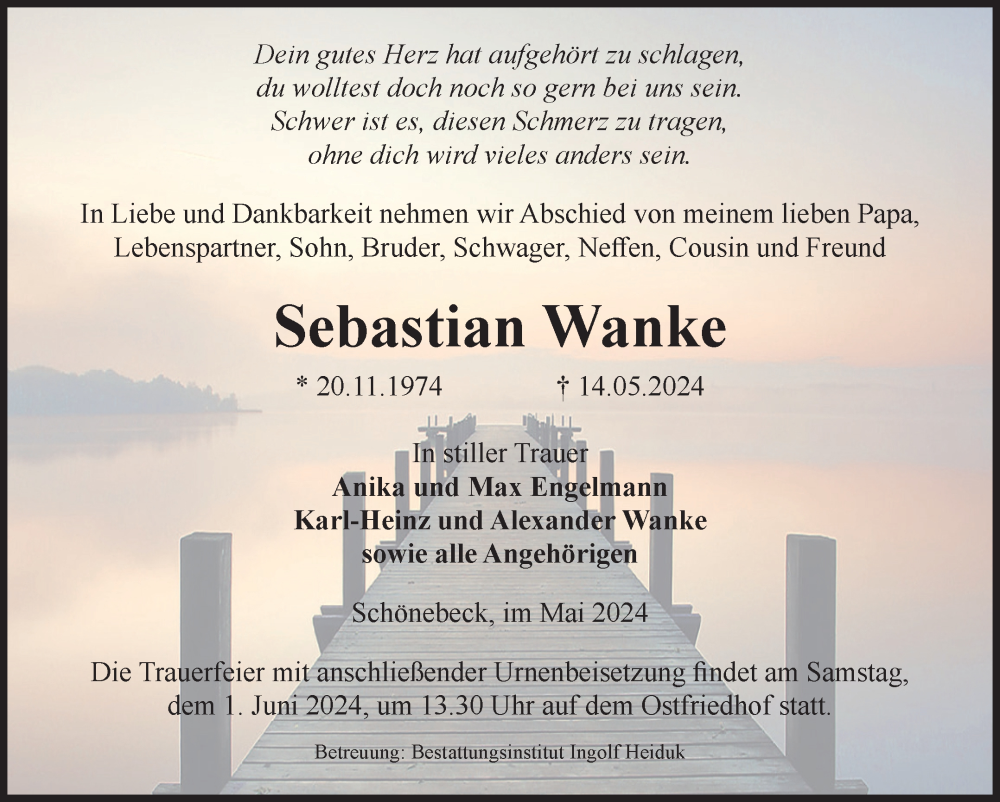  Traueranzeige für Sebastian Wanke vom 25.05.2024 aus Volksstimme Schönebeck