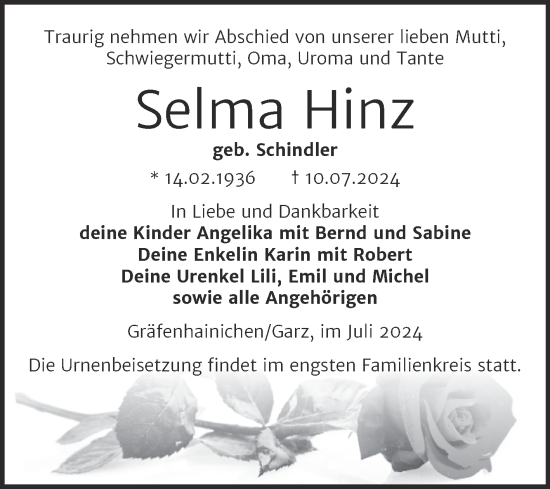 Traueranzeige von Selma Hinz von Trauerkombi Wittenberg
