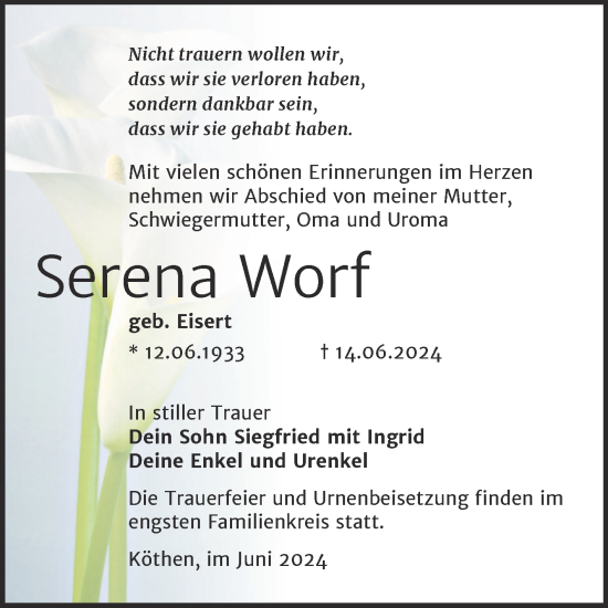 Traueranzeige von Serena Worf von Trauerkombi Köthen
