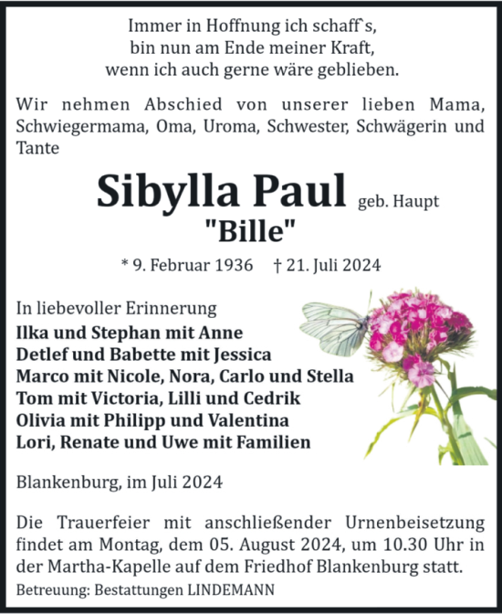 Traueranzeige von Sibylla Paul von Volksstimme Wernigerode