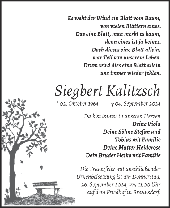 Traueranzeige von Siegbert Kalitzsch von Trauerkombi Wittenberg