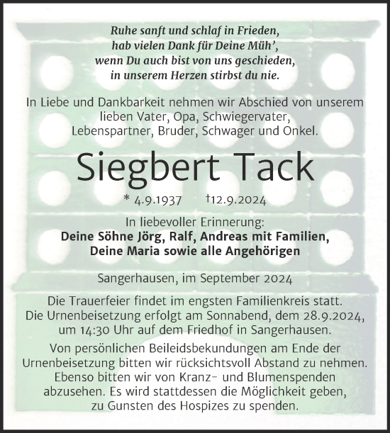Traueranzeige von Siegbert Tack von Mitteldeutsche Zeitung Sangerhausen