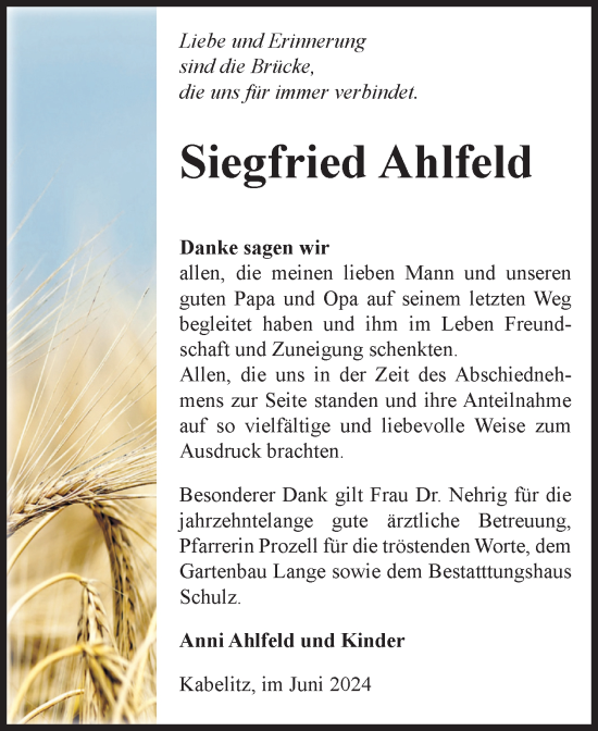 Traueranzeige von Siegfried Ahlfeld von Volksstimme Altmark Ost
