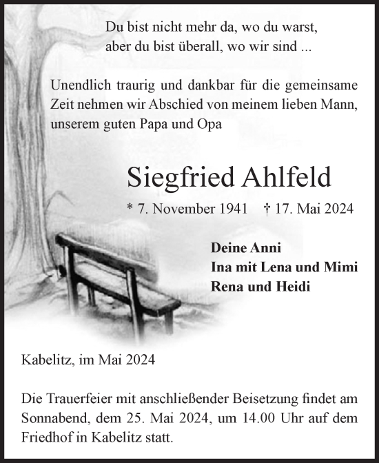 Traueranzeige von Siegfried Ahlfeld von Volksstimme Altmark Ost