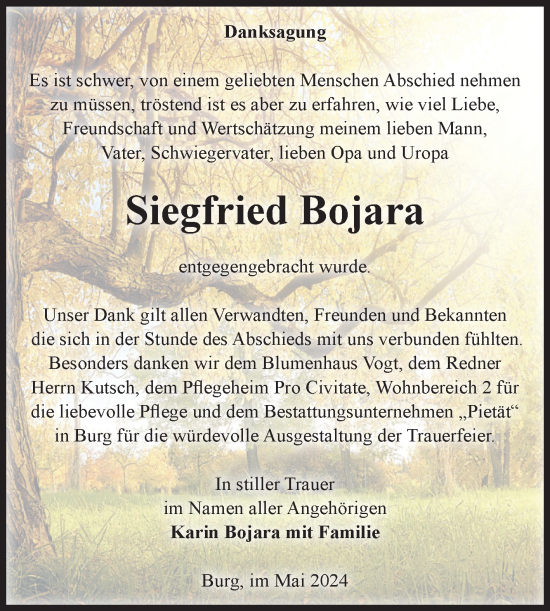 Traueranzeige von Siegfried Bojara von Volksstimme Burg/Genthin