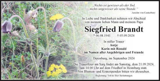 Traueranzeige von Siegfried Brandt von Volksstimme Wernigerode