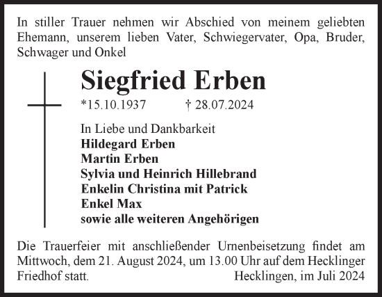 Traueranzeige von Siegfried Erben von Volksstimme Staßfurt
