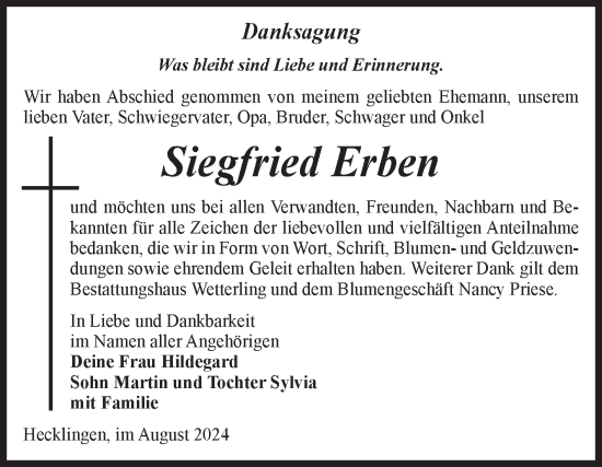 Traueranzeige von Siegfried Erben von Volksstimme Staßfurt