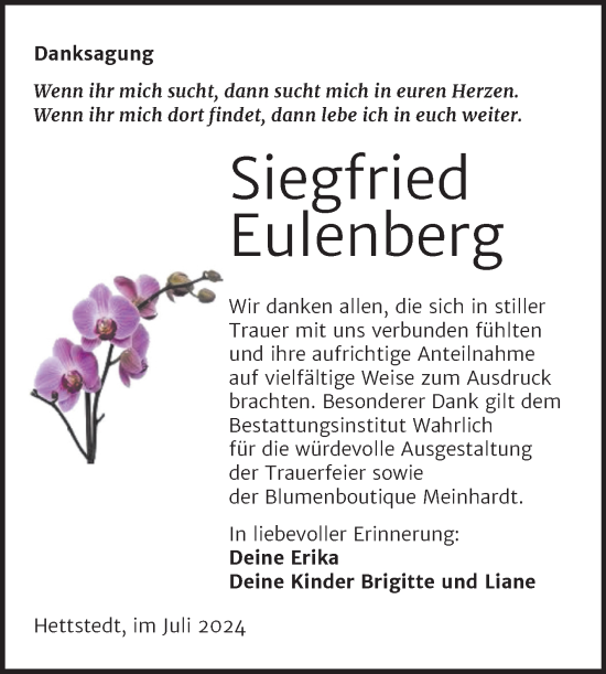 Traueranzeige von Siegfried Eulenberg von Trauerkombi Mansfelder Land