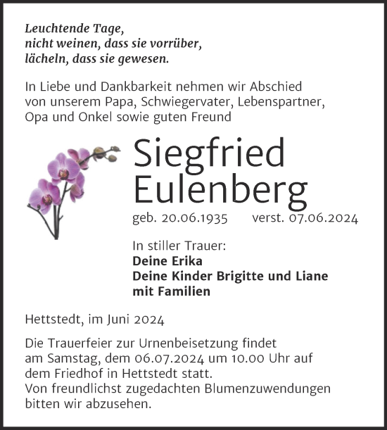 Traueranzeige von Siegfried Eulenberg von Trauerkombi Mansfelder Land