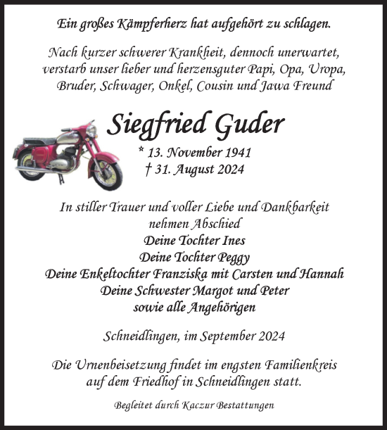 Traueranzeige von Siegfried Guder von Volksstimme Staßfurt