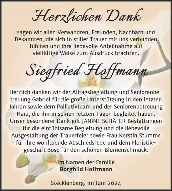 Traueranzeige von Siegfried Hoffmann von Trauerkombi Quedlinburg