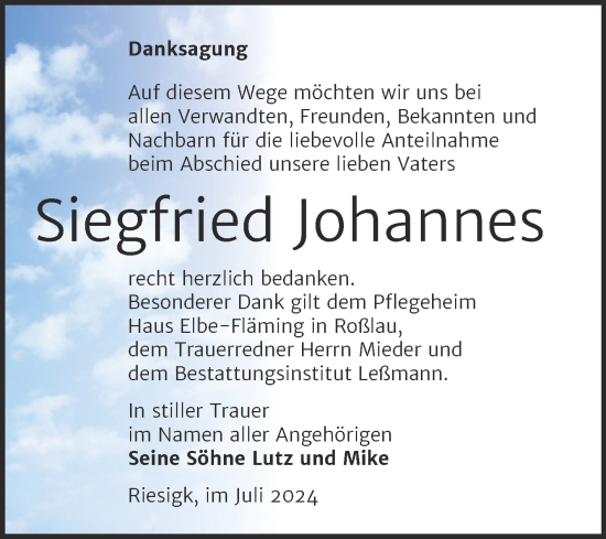Traueranzeige von Siegfried Johannes von Trauerkombi Wittenberg