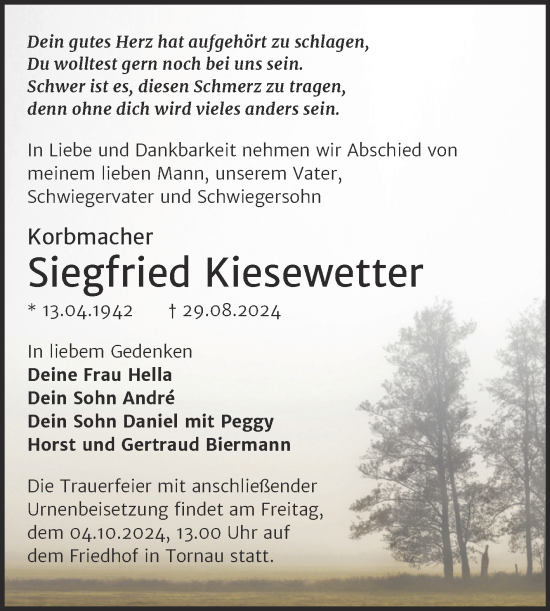 Traueranzeige von Siegfried Kiesewetter von Trauerkombi Wittenberg