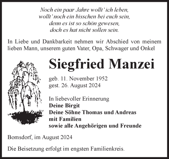 Traueranzeige von Siegfried Manzei von Volksstimme Zerbst