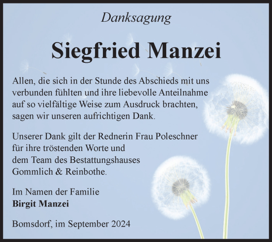 Traueranzeige von Siegfried Manzei von Volksstimme Zerbst
