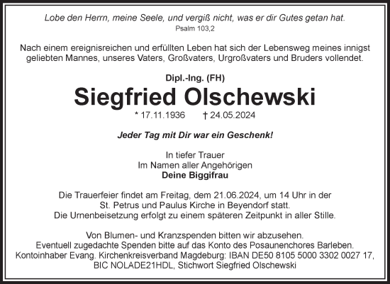Traueranzeige von Siegfried Olschewski von Volksstimme Magdeburg