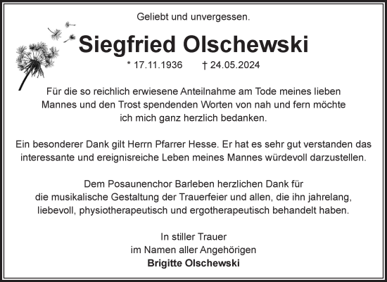 Traueranzeige von Siegfried Olschewski von Volksstimme Magdeburg