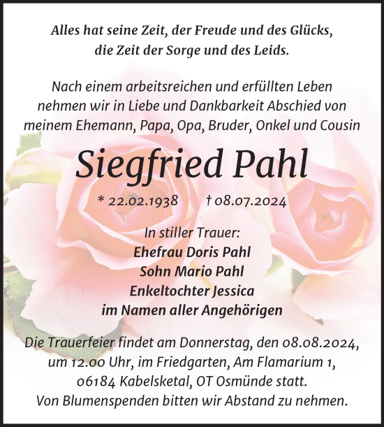 Traueranzeige von Siegfried Pahl von Mitteldeutsche Zeitung Halle/Saalkreis