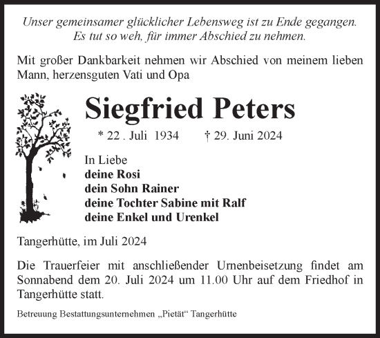 Traueranzeige von Siegfried Peters von Volksstimme Altmark Ost