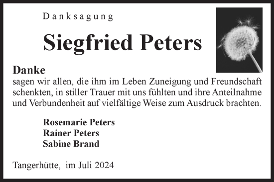 Traueranzeige von Siegfried Peters von Volksstimme Altmark Ost