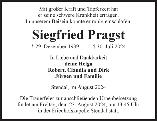 Traueranzeige von Siegfried Pragst von Volksstimme Altmark Ost