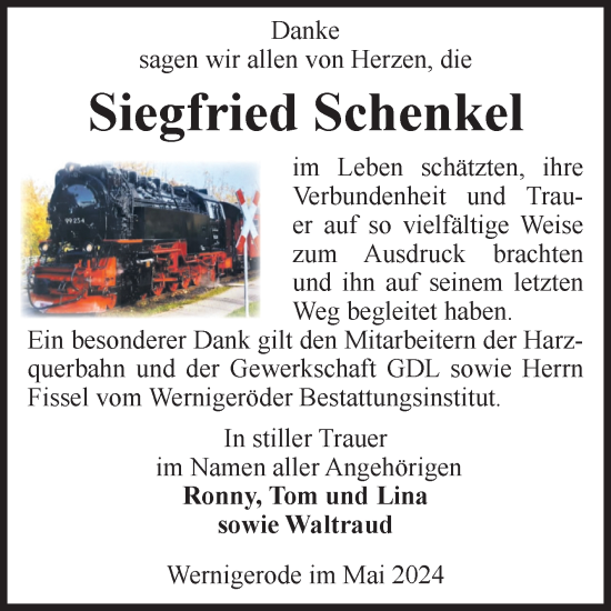 Traueranzeige von Siegfried Schenkel von Volksstimme Wernigerode