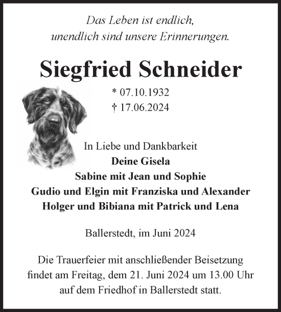 Traueranzeige von Siegfried Schneider von Volksstimme Altmark Ost