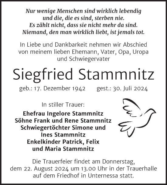 Traueranzeige von Siegfried Stammnitz von Trauerkombi Weißenfels