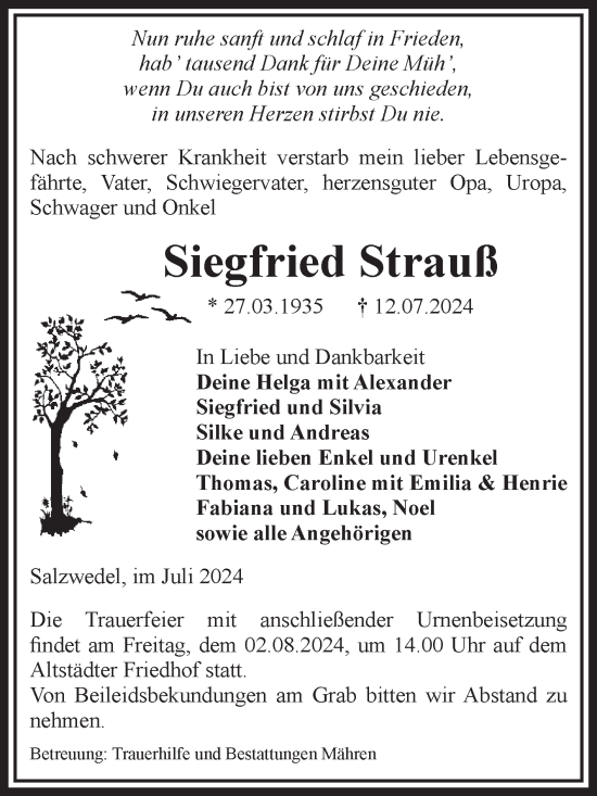 Traueranzeige von Siegfried Strauß von Volksstimme Altmark West