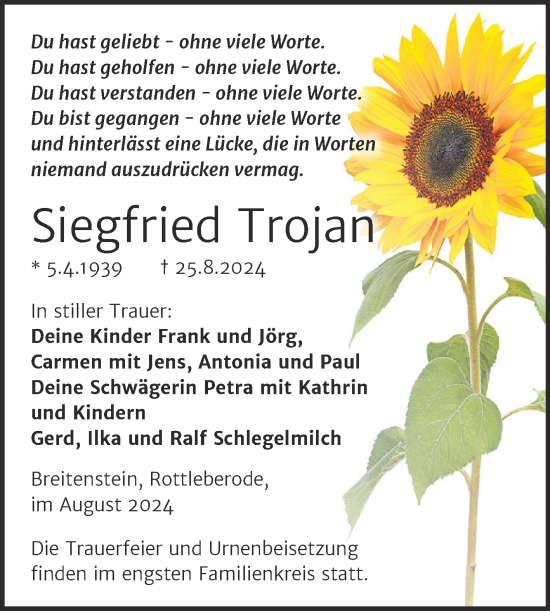 Traueranzeige von Siegfried Trojan von Trauerkombi Sangerhausen