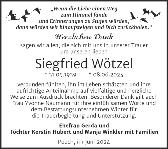 Traueranzeige von Siegfried Wötzel von Trauerkombi Bitterfeld