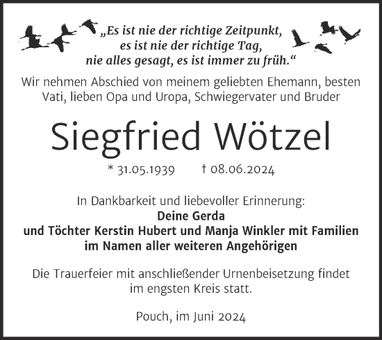 Traueranzeige von Siegfried Wötzel von Trauerkombi Bitterfeld