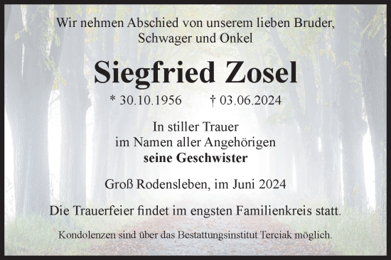 Traueranzeige von Siegfried Zosel von Volksstimme Oschersleben/Wanzleben