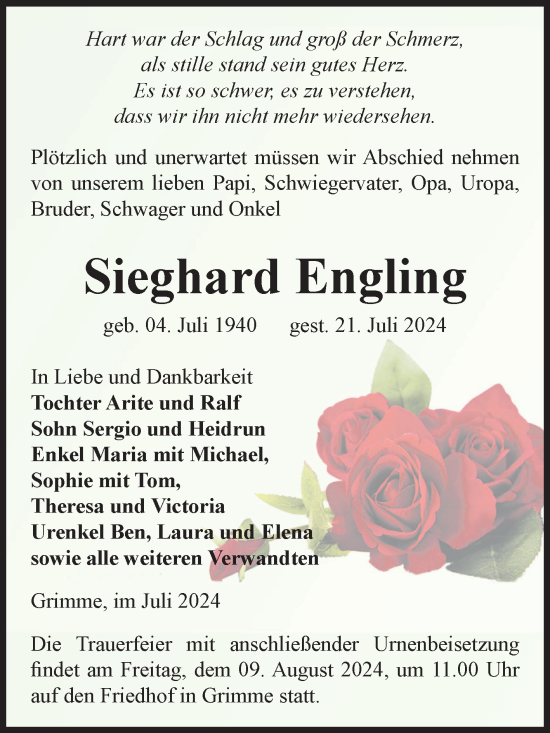 Traueranzeige von Sieghard Engling von Volksstimme Zerbst
