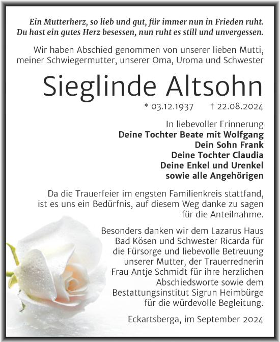 Traueranzeige von Sieglinde Altsohn von Super Sonntag Naumburg/Nebra