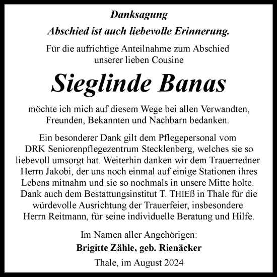 Traueranzeige von Sieglinde Banas von Trauerkombi Quedlinburg