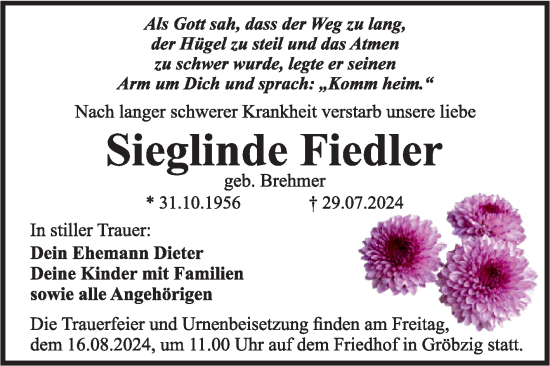 Traueranzeige von Sieglinde Fiedler von Trauerkombi Köthen