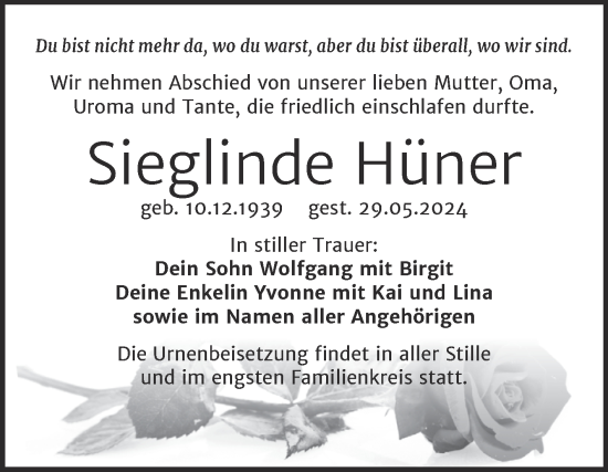 Traueranzeige von Sieglinde Hüner von SuperSonntag Bitterfeld