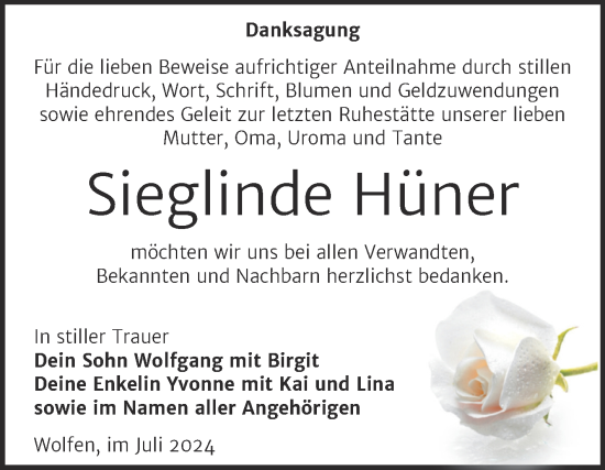 Traueranzeige von Sieglinde Hüner von Trauerkombi Bitterfeld