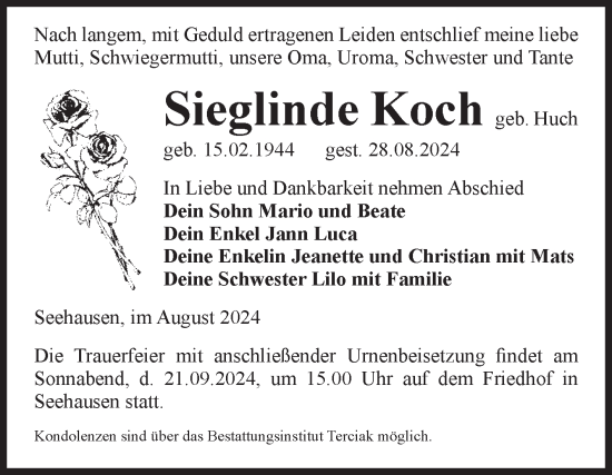 Traueranzeige von Sieglinde Koch von Volksstimme Oschersleben/Wanzleben