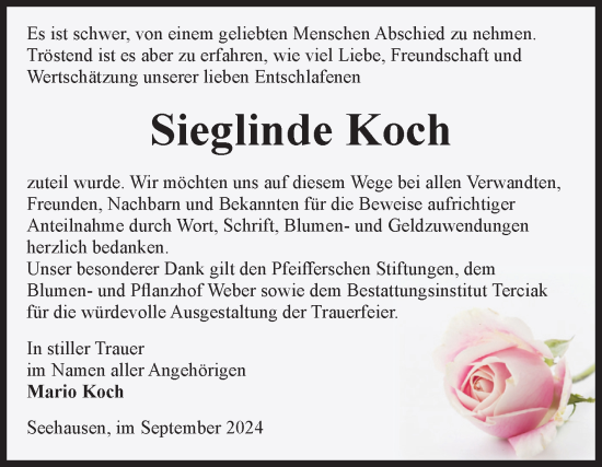 Traueranzeige von Sieglinde Koch von Volksstimme Oschersleben/Wanzleben