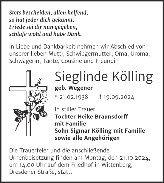 Traueranzeige von Sieglinde Kölling von Trauerkombi Wittenberg
