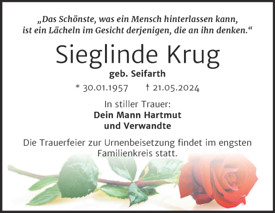 Traueranzeige von Sieglinde Krug von Trauerkombi Merseburg