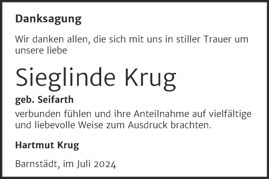 Traueranzeige von Sieglinde Krug von Trauerkombi Merseburg